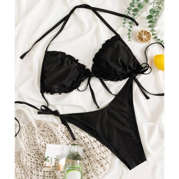 Frill Trim Side Tie Halter Bikini - Picture 1 of 6